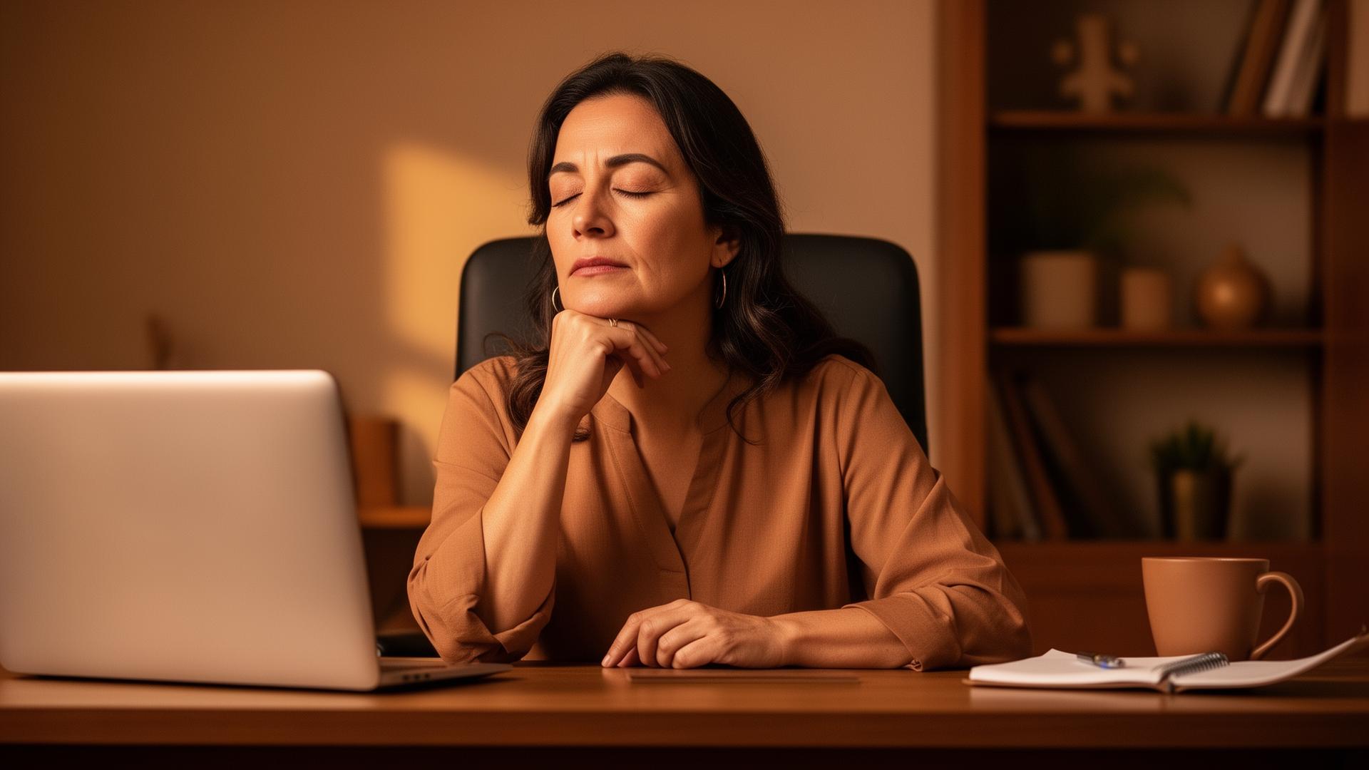 mujer trabajadora experimentando agotamiento en su lugar de trabajo