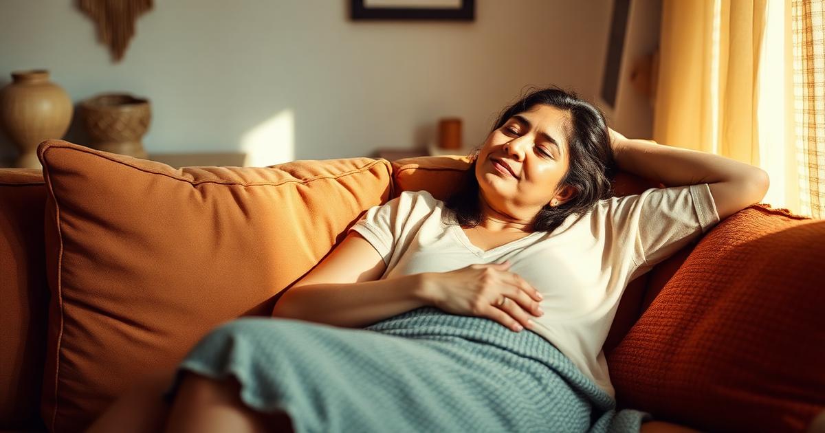 mujer descansando sin culpa en un espacio acogedor de su hogar