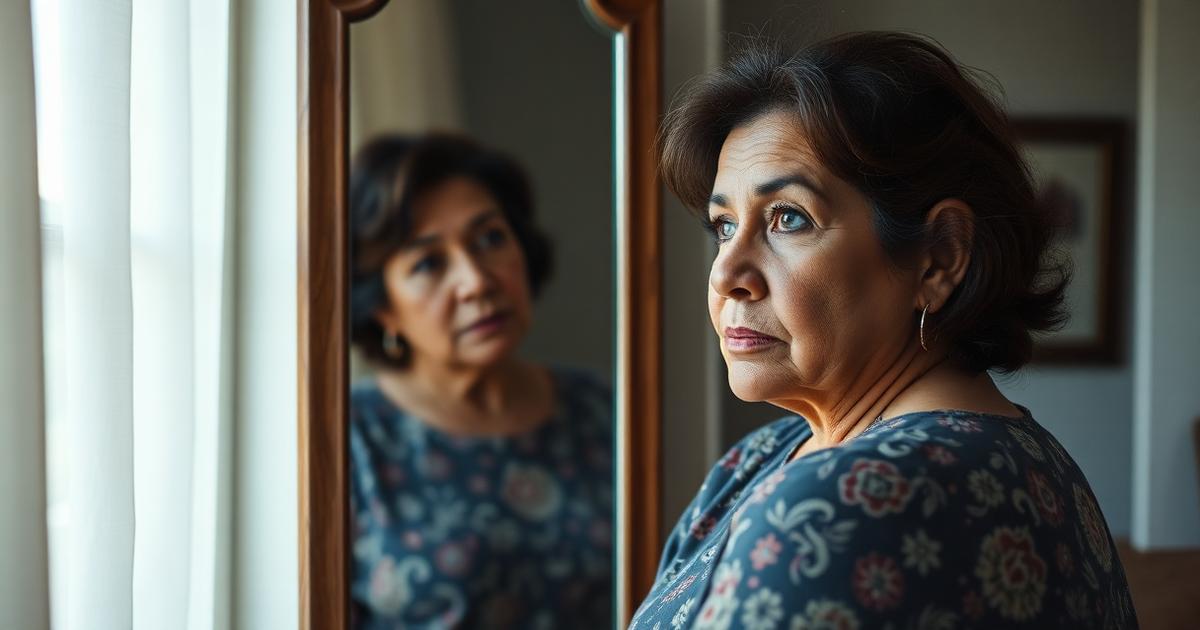 mujer de mediana edad en hermosillo mirando su reflejo con expresion pensativa