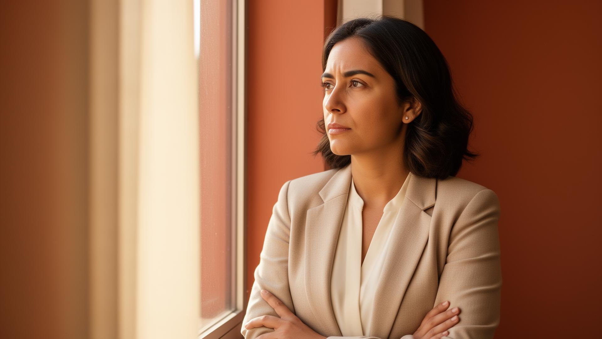 mujer profesional reflexionando sobre el tiempo dedicado al trabajo
