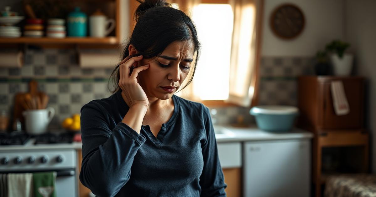 mujer con gesto de agotamiento en un entorno cotidiano de norte de mexico